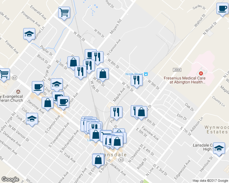 map of restaurants, bars, coffee shops, grocery stores, and more near 215 West 6th Street in Lansdale