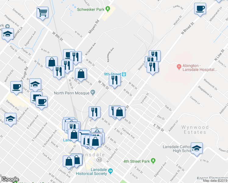 map of restaurants, bars, coffee shops, grocery stores, and more near 703 Shaw Avenue in Lansdale
