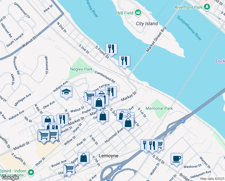map of restaurants, bars, coffee shops, grocery stores, and more near 9 Fort Street in Lemoyne
