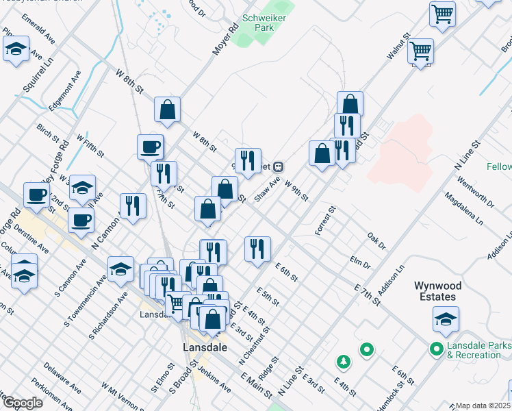 map of restaurants, bars, coffee shops, grocery stores, and more near 703 Shaw Avenue in Lansdale