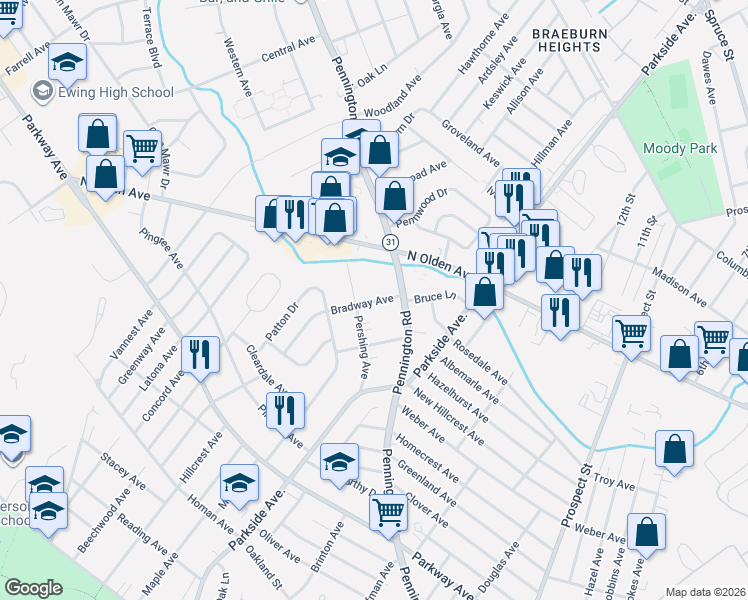 map of restaurants, bars, coffee shops, grocery stores, and more near 44 Bradway Avenue in Ewing Township