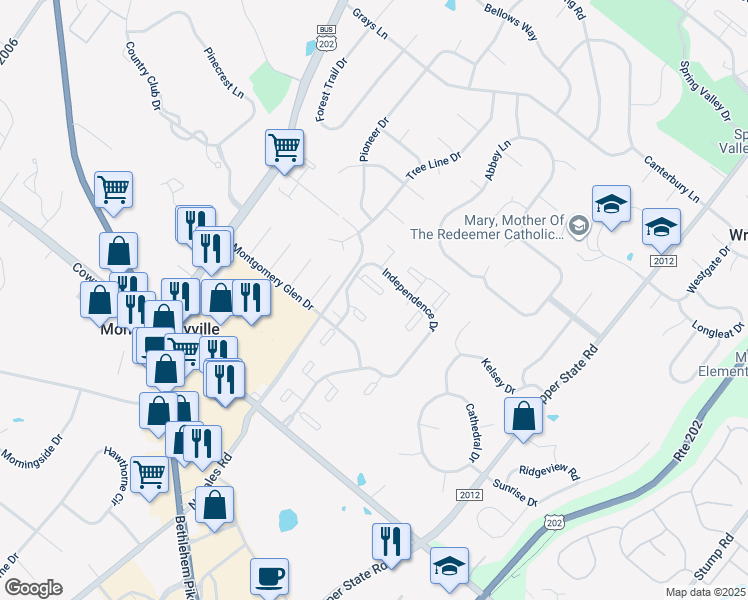 map of restaurants, bars, coffee shops, grocery stores, and more near 804 Thornton Court in North Wales