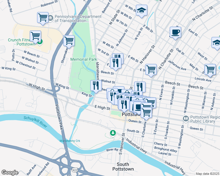 map of restaurants, bars, coffee shops, grocery stores, and more near 66 Chestnut Street in Pottstown