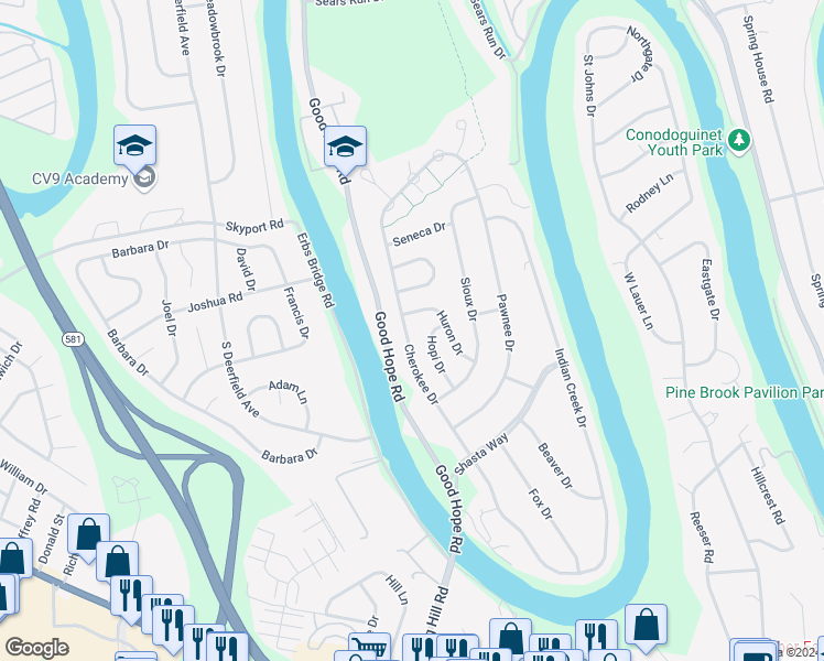 map of restaurants, bars, coffee shops, grocery stores, and more near 414 Cherokee Drive in Mechanicsburg
