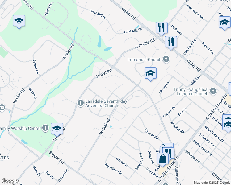 map of restaurants, bars, coffee shops, grocery stores, and more near 607 Salem Way in Lansdale