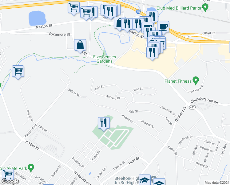 map of restaurants, bars, coffee shops, grocery stores, and more near 650 Cornell Court in Harrisburg