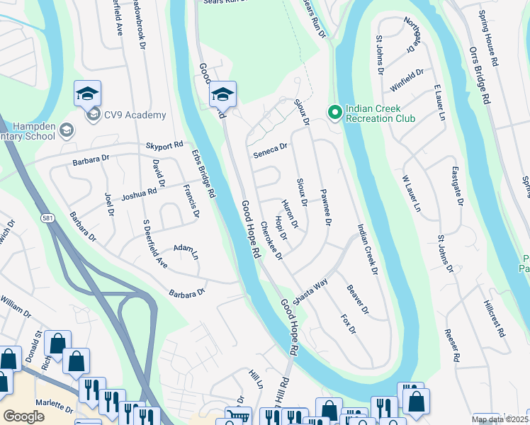 map of restaurants, bars, coffee shops, grocery stores, and more near 414 Cherokee Drive in Mechanicsburg