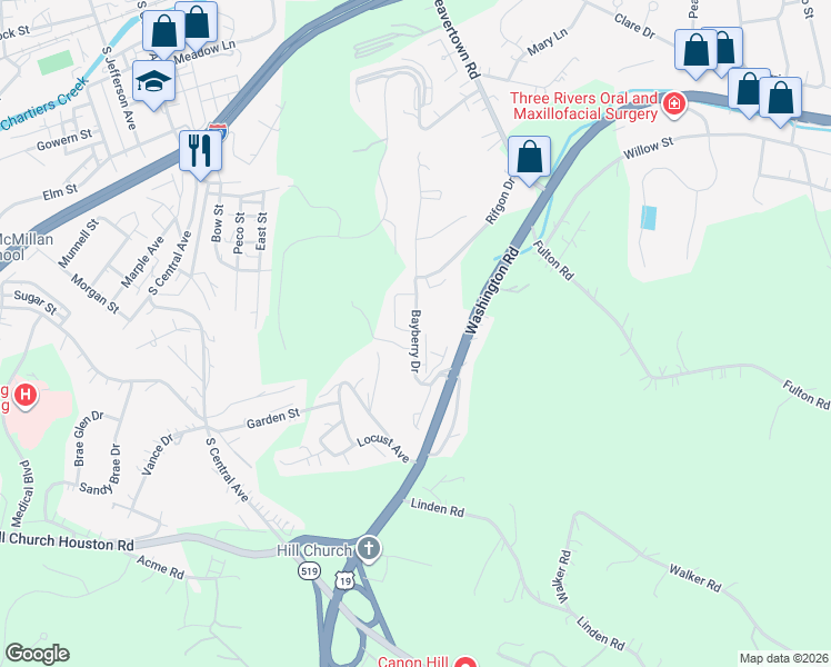 map of restaurants, bars, coffee shops, grocery stores, and more near 15 Abbeywood Lane in Canonsburg
