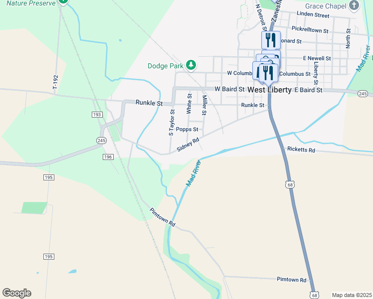 map of restaurants, bars, coffee shops, grocery stores, and more near 429 Sidney Street in West Liberty