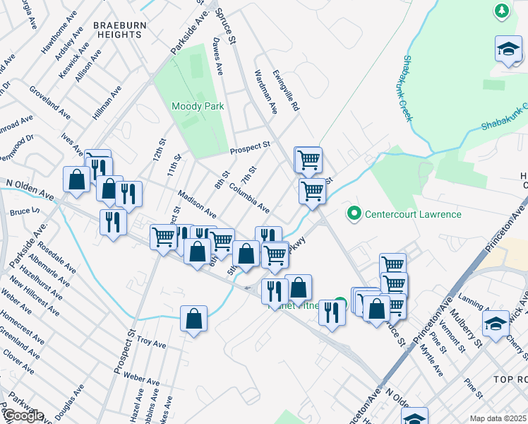 map of restaurants, bars, coffee shops, grocery stores, and more near 1633 5th Street in Ewing Township