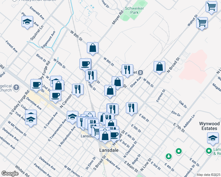 map of restaurants, bars, coffee shops, grocery stores, and more near 215 West 6th Street in Lansdale
