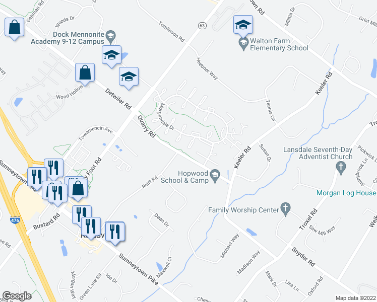 map of restaurants, bars, coffee shops, grocery stores, and more near 913 Stockton Court in Lansdale