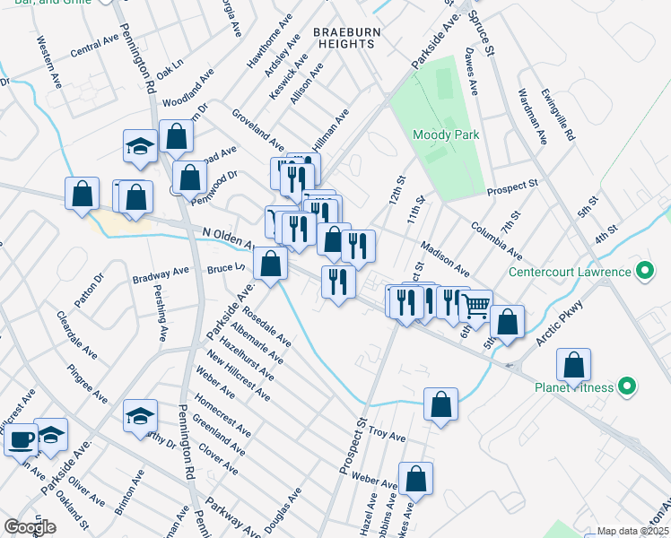 map of restaurants, bars, coffee shops, grocery stores, and more near 1740 North Olden Avenue in Ewing Township