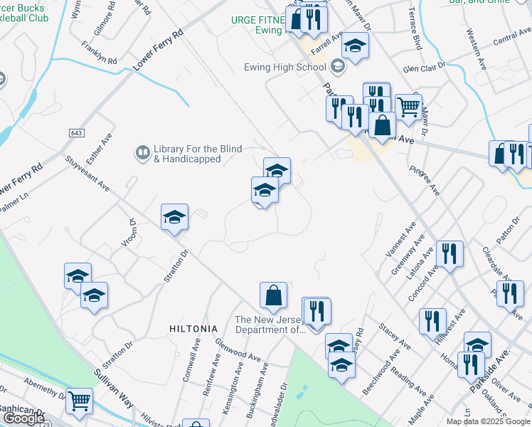 map of restaurants, bars, coffee shops, grocery stores, and more near 1600 Stuyvesant Avenue in Trenton