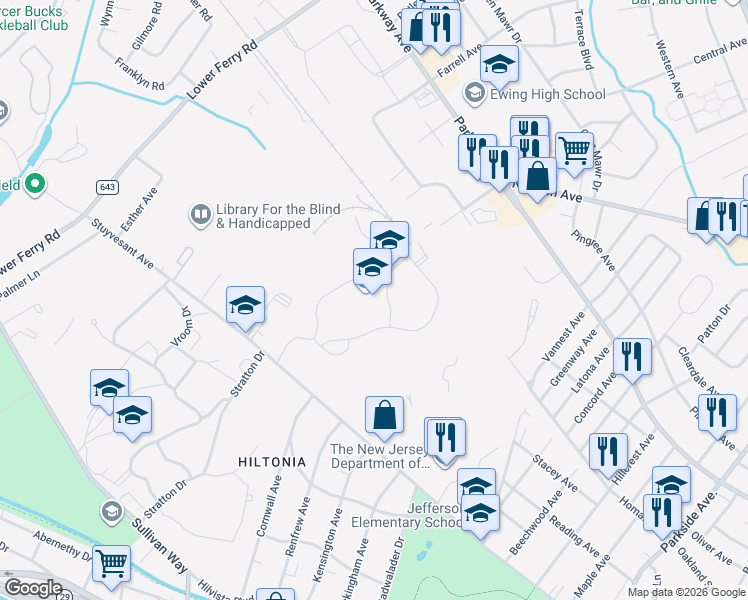 map of restaurants, bars, coffee shops, grocery stores, and more near 1600 Stuyvesant Avenue in Trenton