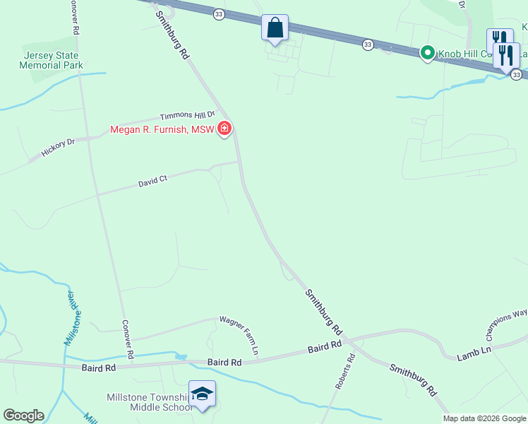 map of restaurants, bars, coffee shops, grocery stores, and more near 302 Woodville Road in Millstone