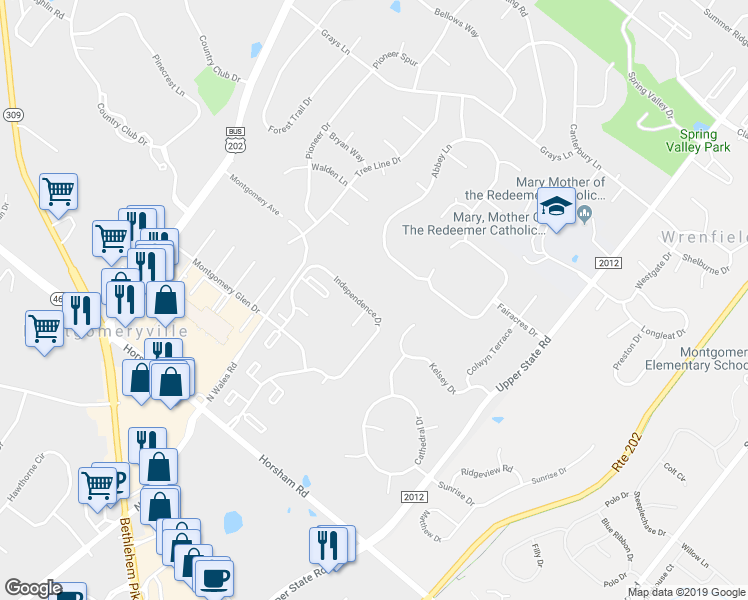 map of restaurants, bars, coffee shops, grocery stores, and more near 1812 Jefferson Court in North Wales