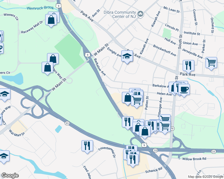 map of restaurants, bars, coffee shops, grocery stores, and more near 78 Helen Avenue in Freehold