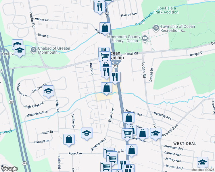 map of restaurants, bars, coffee shops, grocery stores, and more near 1502 Route 35 North in Ocean Township