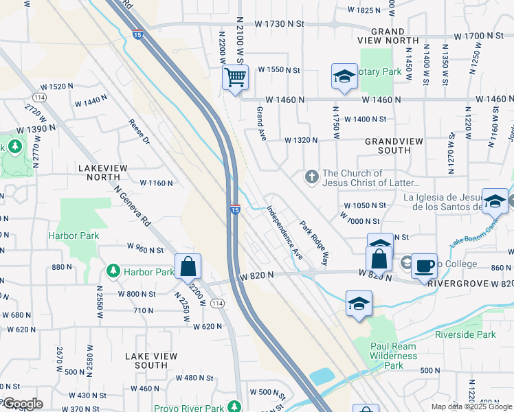 map of restaurants, bars, coffee shops, grocery stores, and more near 2043 West 1100 North in Provo