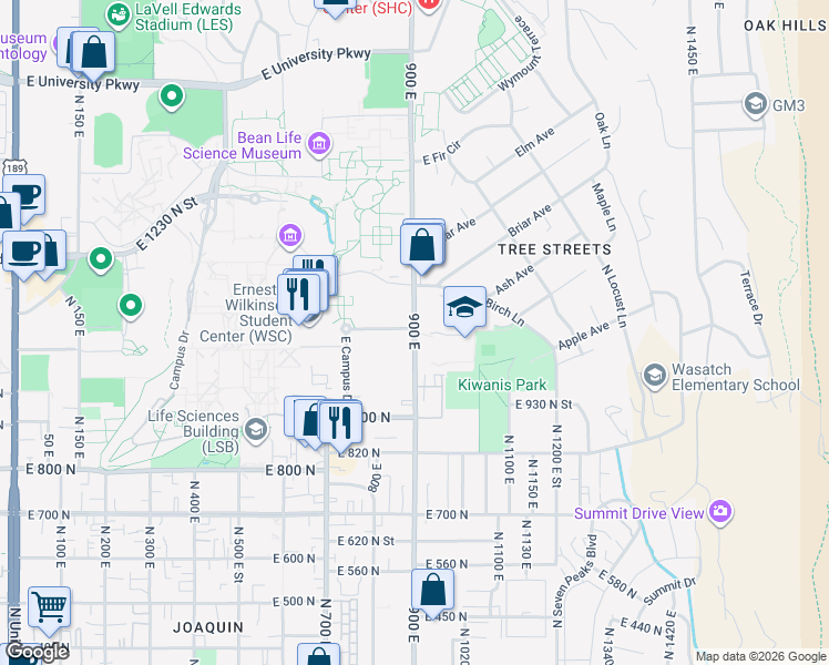 map of restaurants, bars, coffee shops, grocery stores, and more near 900 East in Provo