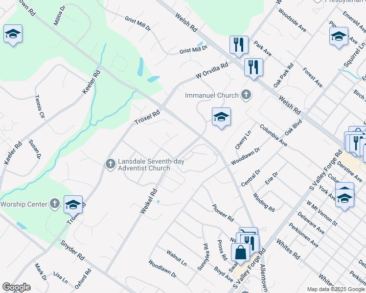 map of restaurants, bars, coffee shops, grocery stores, and more near 606 Weikel Road in Lansdale
