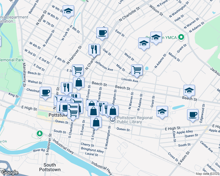map of restaurants, bars, coffee shops, grocery stores, and more near 434 Beech Street in Pottstown