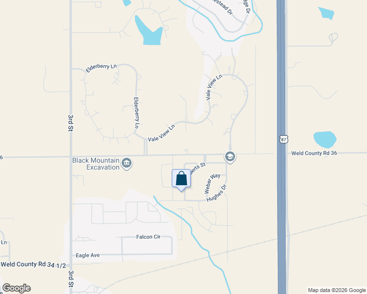map of restaurants, bars, coffee shops, grocery stores, and more near 3509 County Road 36 in Mead