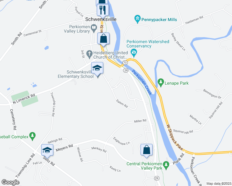 map of restaurants, bars, coffee shops, grocery stores, and more near 43 Salem Road in Schwenksville