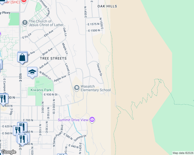 map of restaurants, bars, coffee shops, grocery stores, and more near 1613 Oak Cliff Drive in Provo