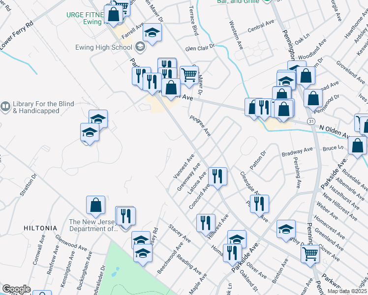 map of restaurants, bars, coffee shops, grocery stores, and more near 695 Parkway Avenue in Ewing Township