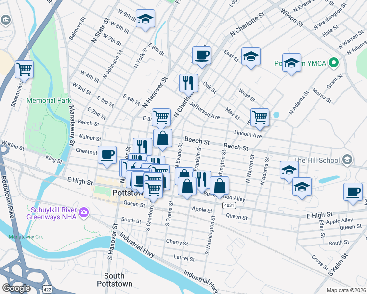 map of restaurants, bars, coffee shops, grocery stores, and more near 350 Walnut Street in Pottstown