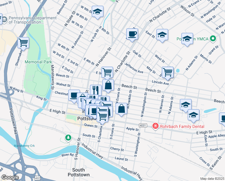 map of restaurants, bars, coffee shops, grocery stores, and more near 312 Walnut Street in Pottstown