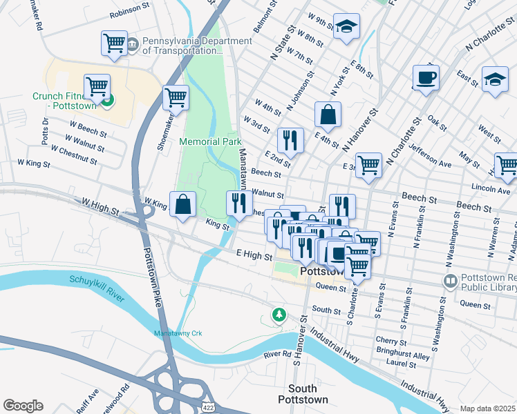 map of restaurants, bars, coffee shops, grocery stores, and more near 26 Chestnut Street in Pottstown