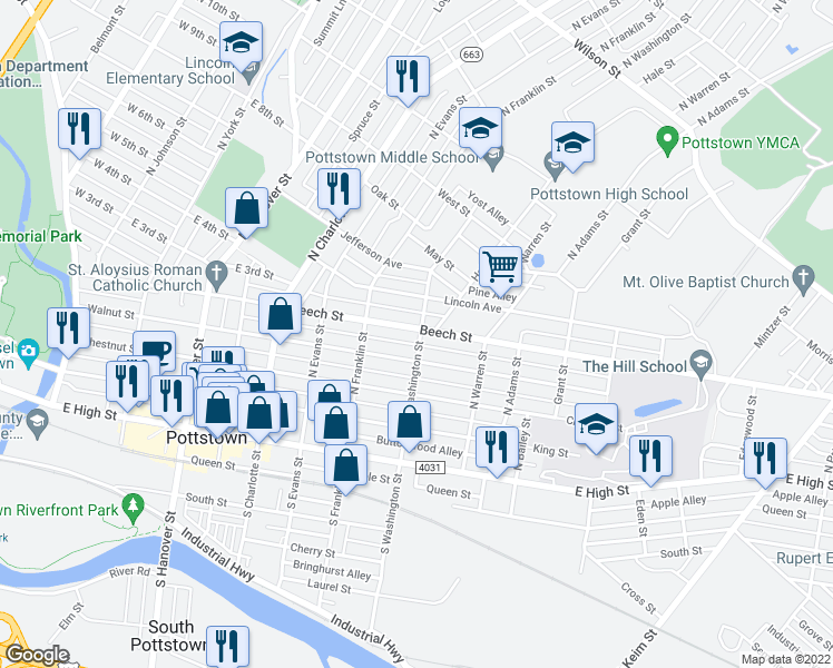 map of restaurants, bars, coffee shops, grocery stores, and more near 456 Beech Street in Pottstown