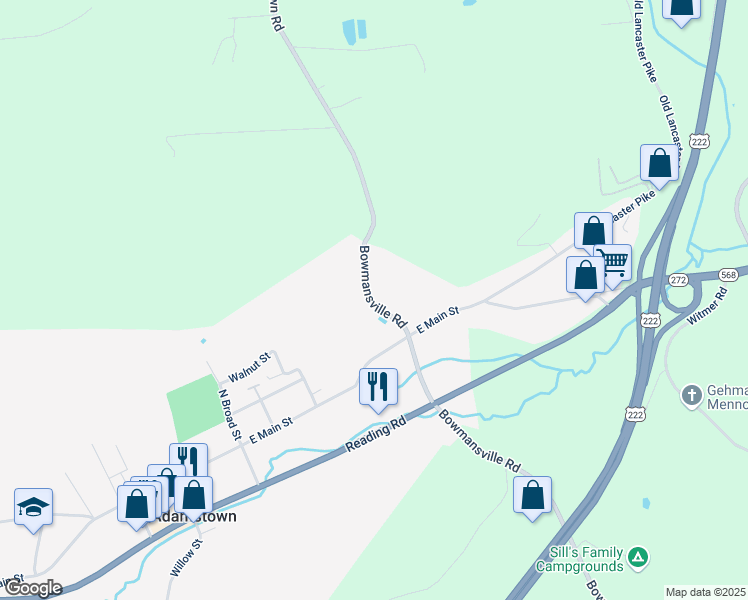 map of restaurants, bars, coffee shops, grocery stores, and more near 406 Bowmansville Road in Mohnton