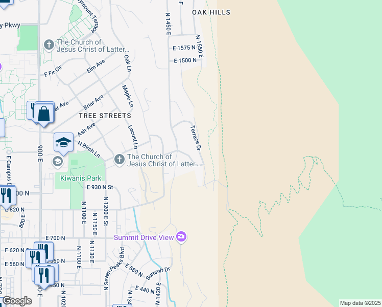 map of restaurants, bars, coffee shops, grocery stores, and more near 1559 Oak Cliff Drive in Provo