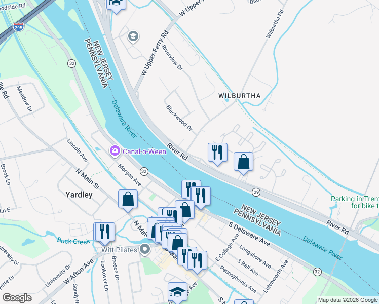 map of restaurants, bars, coffee shops, grocery stores, and more near 818 River Road in Trenton