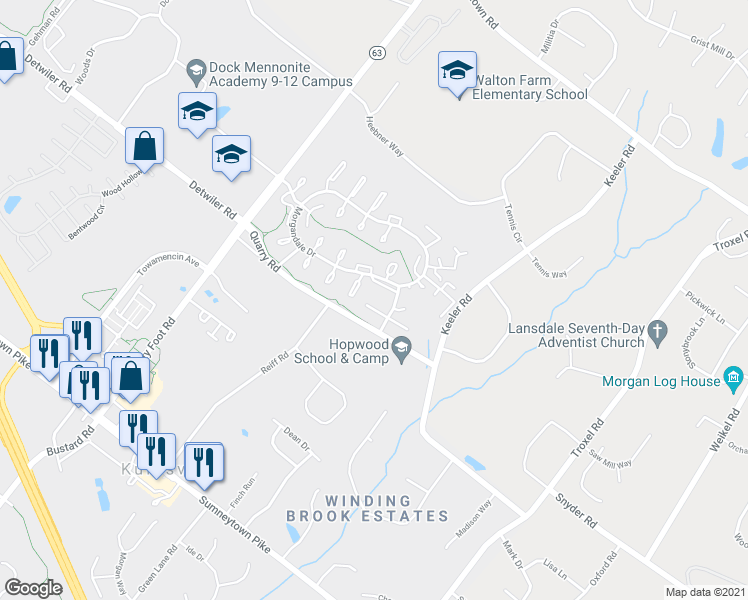 map of restaurants, bars, coffee shops, grocery stores, and more near 1207 Crosshill Court in Lansdale