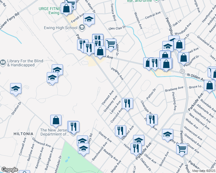 map of restaurants, bars, coffee shops, grocery stores, and more near 695 Parkway Avenue in Ewing Township