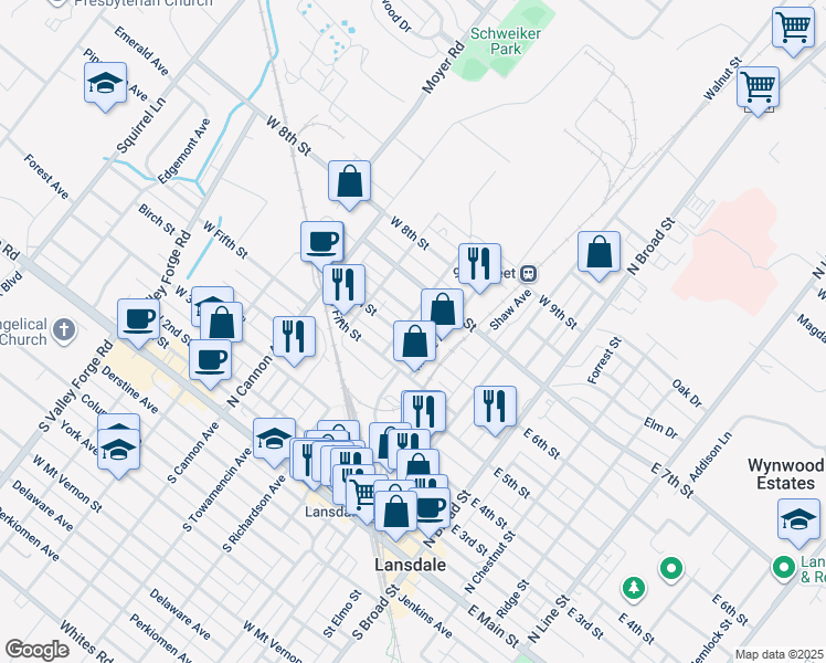 map of restaurants, bars, coffee shops, grocery stores, and more near 219 West 6th Street in Lansdale