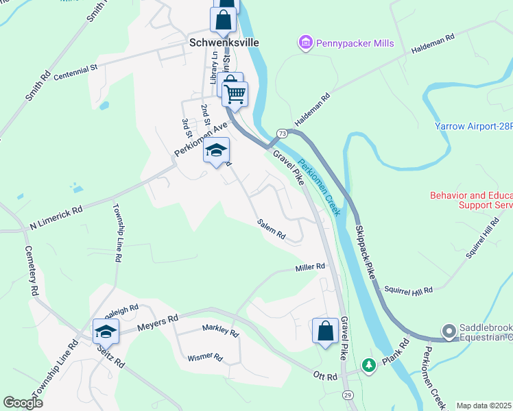 map of restaurants, bars, coffee shops, grocery stores, and more near 43 Salem Road in Schwenksville