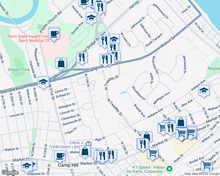 map of restaurants, bars, coffee shops, grocery stores, and more near 500 North 12th Street in Lemoyne