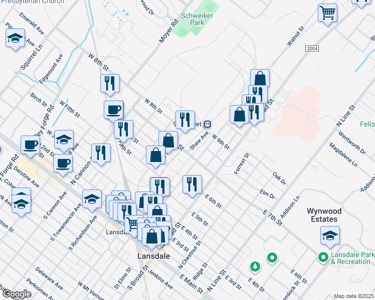 map of restaurants, bars, coffee shops, grocery stores, and more near 702 Shaw Avenue in Lansdale