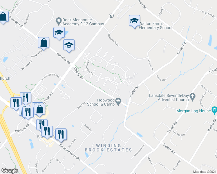 map of restaurants, bars, coffee shops, grocery stores, and more near 1210A Crosshill Court in Lansdale