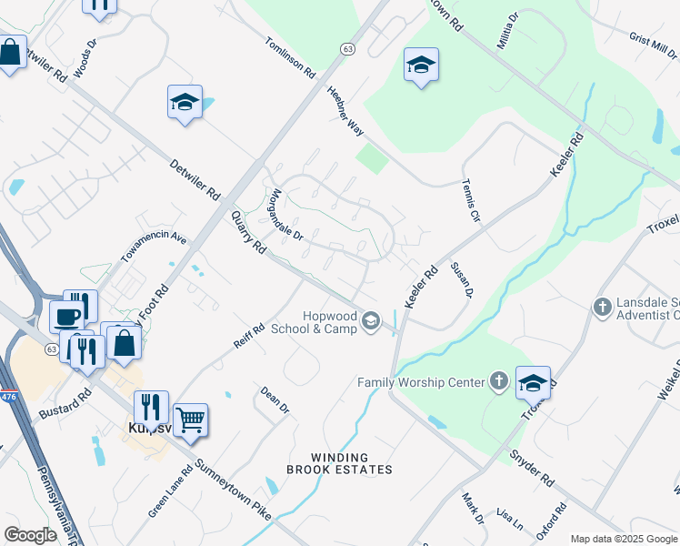 map of restaurants, bars, coffee shops, grocery stores, and more near 1210A Crosshill Court in Lansdale