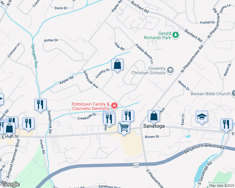 map of restaurants, bars, coffee shops, grocery stores, and more near 21 Pebble Beach Lane in Sanatoga