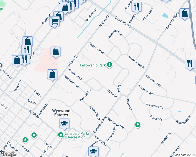 map of restaurants, bars, coffee shops, grocery stores, and more near 111 Manor Drive in Lansdale