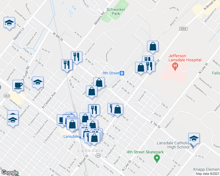 map of restaurants, bars, coffee shops, grocery stores, and more near 702 Shaw Avenue in Lansdale