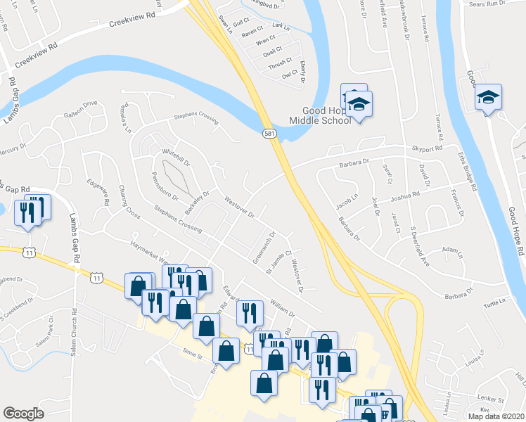 map of restaurants, bars, coffee shops, grocery stores, and more near Jamestown Square in Mechanicsburg